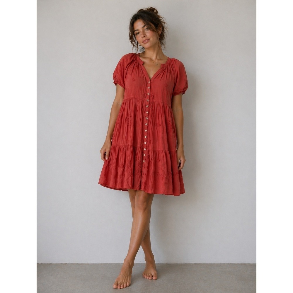 Kyla Seo Dress Women Medium Orange Pink Posie Embroidered Tiered Boho Coastal